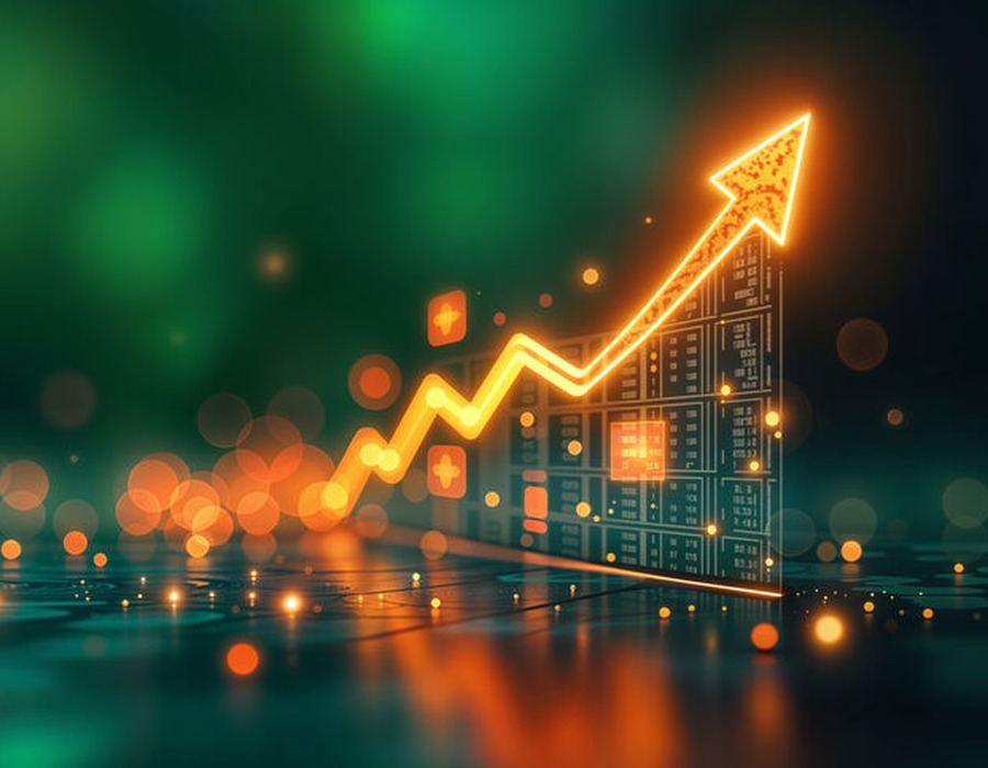 Upward market growth arrow with data grid, representing Amaltheia Invest's trading activity